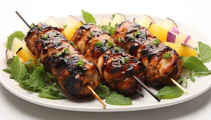 Grilled chicken skewers with vegetables isolated 