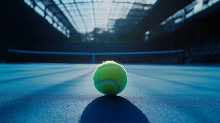Tennis ball on bright blue tennis court under natural light