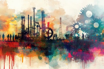 art with double exposure oil and gas industry with people working, gears in the background with color splash in orange and blue