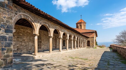 Fototapeta premium Majestic Ancient Stone Church with Arched Courtyard