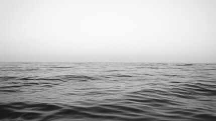 Monochromatic seascape; calm ocean waves under a hazy sky.