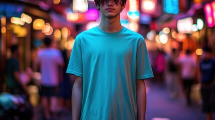 Fototapeta premium Teenager in teal shirt standing in a vibrant, blurry city street at night.