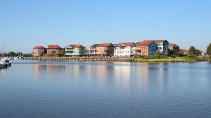 Fototapeta premium Colorful waterfront houses reflecting in calm water under a clear blue sky.