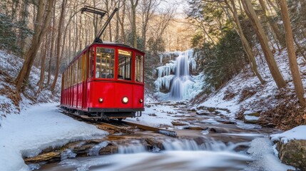 Red vintage trolley on snowy winter forest path beside frozen waterfall.