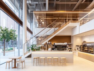 Fototapeta premium Modern Coffee Shop Interior Design With Glass Staircase