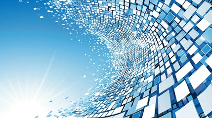 Abstract Waves of Blue and White Digital Squares Against Sky Background