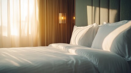 Elegant Luxury Hotel Bedroom with Soft Natural Light and Cozy Bedding