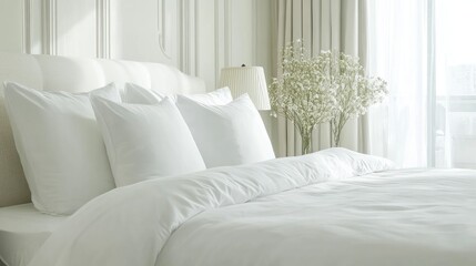 Elegant White Toned Luxury Hotel Bedroom with Cozy Bedding and Relaxing Atmosphere