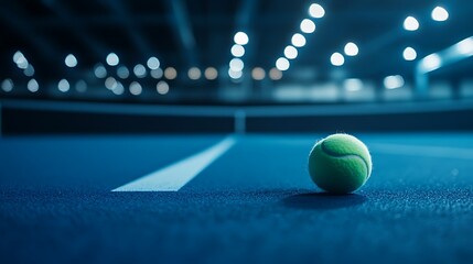 Blue court with single tennis ball in focus