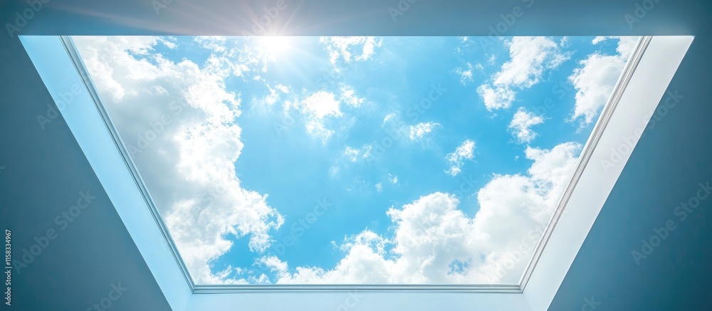 Poster bright minimalist studio with full width sky window and open space for text ideation