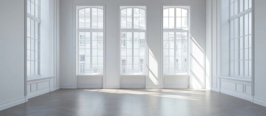 Fototapeta premium Bright minimalist interior with large windows and hardwood floors showcasing art deco style and ample empty space for text or design elements