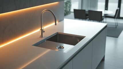 Contemporary kitchen design featuring sleek white countertops and a minimalist sink with stylish lighting accents