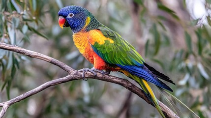 Naklejka premium A vibrant rainbow lorikeet perched on a branch, showcasing its colorful plumage against a blurred green foliage background.