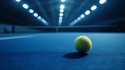 Tennis ball on blue tennis court in soft lighting