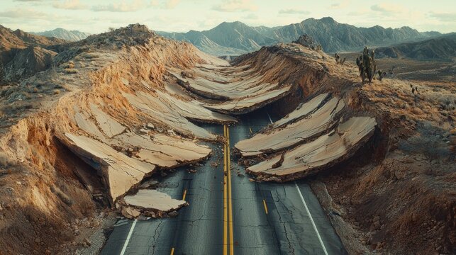 A road split by an earthquake, showcasing geological disruption and nature's power.