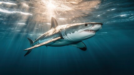 Fototapeta premium Sharks in Motion with Dramatic Lighting Underwater