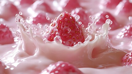Strawberry splashing into pink creamy milk.