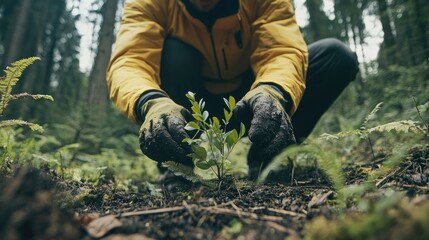 Individual nurturing a young plant in a lush forest symbolizing environmental sustainability and growth