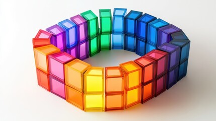 Obraz premium Vibrant rainbow magnetic building blocks creatively arranged in a circular pattern on a smooth gradient background for educational play.