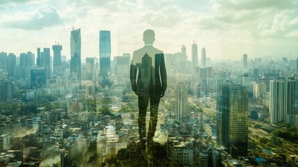 Double exposure of businessman standing in a cityscape, symbolizing ambition and success.