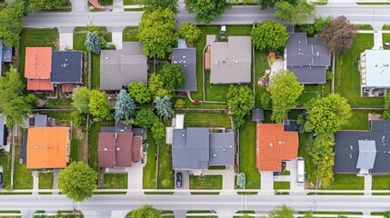 Fototapeta premium Aerial view of suburban neighborhood with houses, trees, and streets.