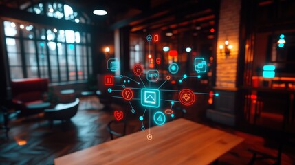 Smart home technology interface displayed over a stylish living room.