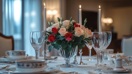 Fototapeta premium Romantic dinner table setting with candles and flowers.