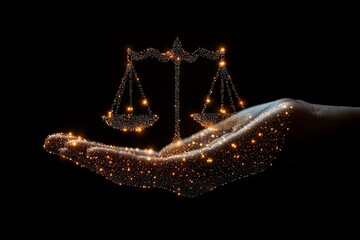 Glowing scales of justice in a hand.