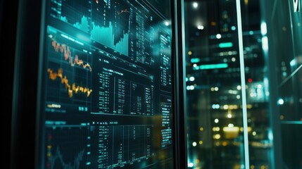 Close-up of financial data displayed on a large screen in a modern server room at night.