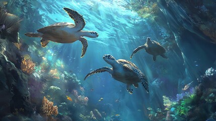 Turtles Swimming in a Coral Reef Underwater Scene