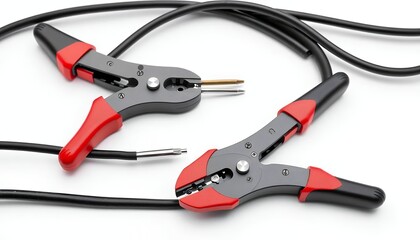 Obraz premium Red-handled Wire Strippers and Cutters with Black Cable - a Detailed Close-up
