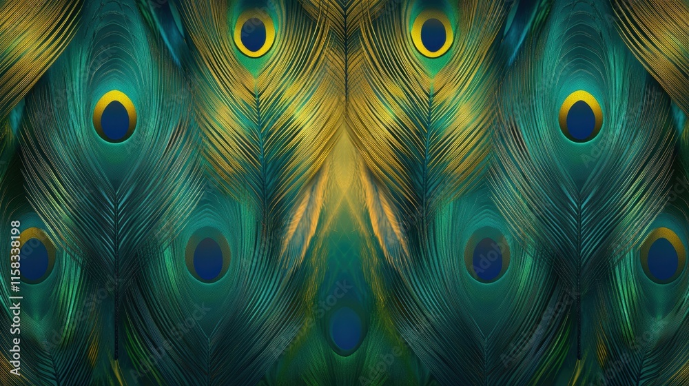 Poster Pattern of overlapping peacock feathers with vibrant colors and ample space for text or design elements. Generative AI