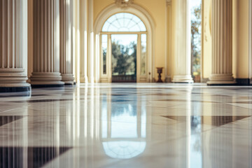 Elegant foyer in a luxury mansion with marble floors and columns
