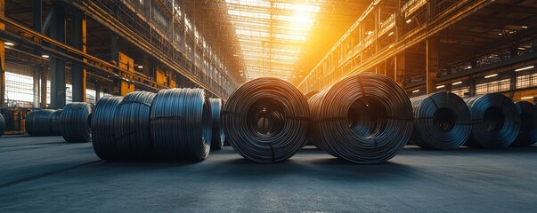 Obraz premium Steel wire coils in a large industrial warehouse.