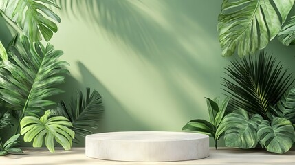 Obraz premium Minimalist 3d rendering of product display podium featuring natural green leaves on a stylish green background for branding, advertising, and promotional design