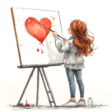 Naklejki Young Woman Artist Painting a Red Heart on Canvas.