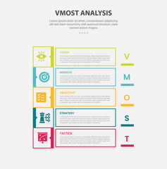 vmost analysis infographic outline style with 5 point template with square and sharp rectangle box container on vertical stack position for slide presentation