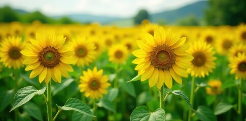 Obraz premium Bright yellow sunflowers in a field of tall green stalks, garden, flowers