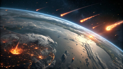 Dramatic view of earth facing meteor threat - cosmic disaster scenario.