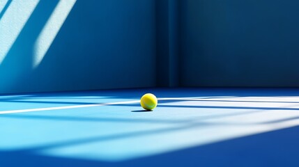 Blue tennis court highlighted by a single tennis ball