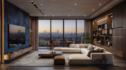 Modern living room with city skyline view at sunset.