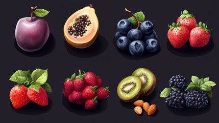 Fototapeta premium Selection of healthy food. Superfoods, various fruits and assorted berries, nuts and seeds.