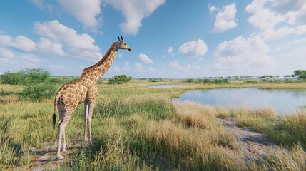 Obraz premium A giraffe stands in a serene landscape near a water body under a blue sky.