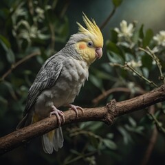 Obraz premium A baby cockatiel perched on a branch.