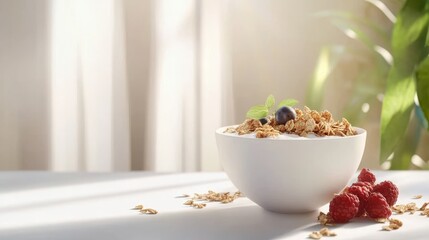 Homemade granola with milk, fresh berries. Copy space. Healthy breakfast concept. light background, sunlight