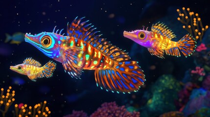 Fototapeta premium Vibrant Creatures in a Dark Ocean Environment