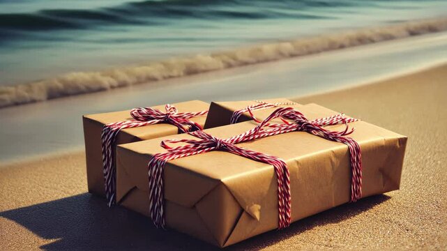 Unwrapped gifts resting on sandy beach shore during golden hour, with gentle waves in background