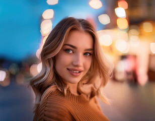Obraz premium A portrait of a young woman in natural light, with a soft bokeh background and warm, neon tones