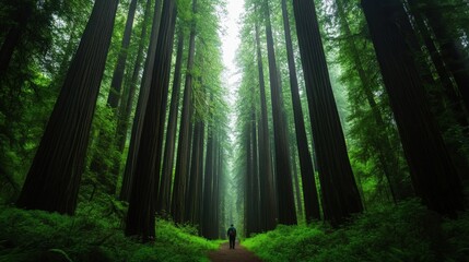 Fototapeta premium Serene Landscape of Tall Redwood Trees with Lush Green Underbrush and a Lonely Figure Walking Along a Narrow Path Through the Forest in Foggy Atmosphere