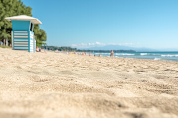 Fototapeta premium A bright sunny day at the beach with families and friends enjoying the warmth and beauty of spring, playing, swimming, and relaxing under clear skies.
